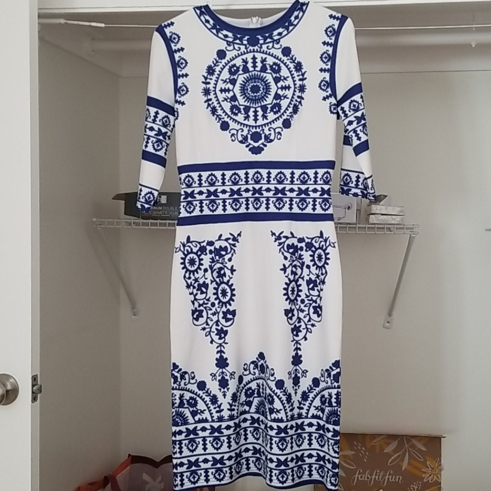 Blue and white geometric dress